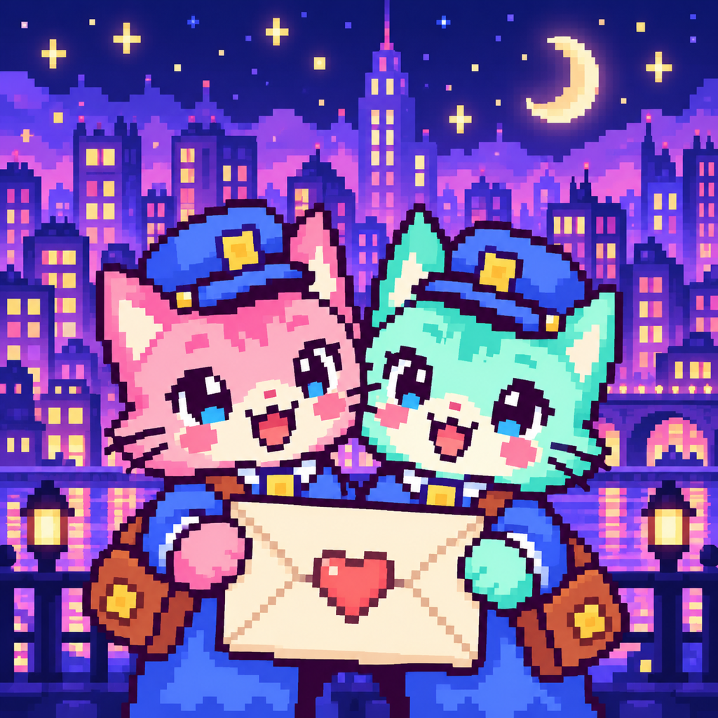 Two pixel-art postal cats against a night city